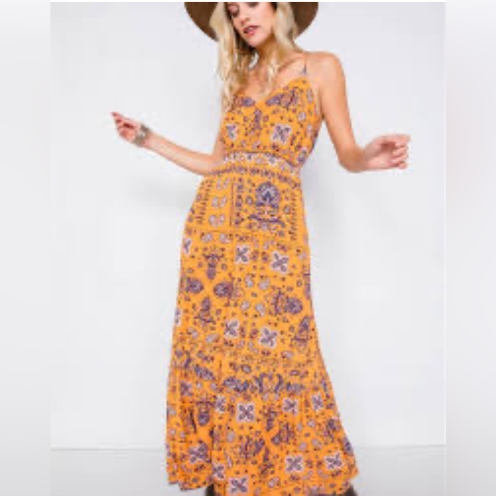Gilli Boho Paisley Maxi Dress Orange Floral Cami Sundress Festival Large